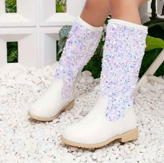 Botas de princesa con lentejuelas brillantes: lindas botas altas con forro polar y cierre de cremallera