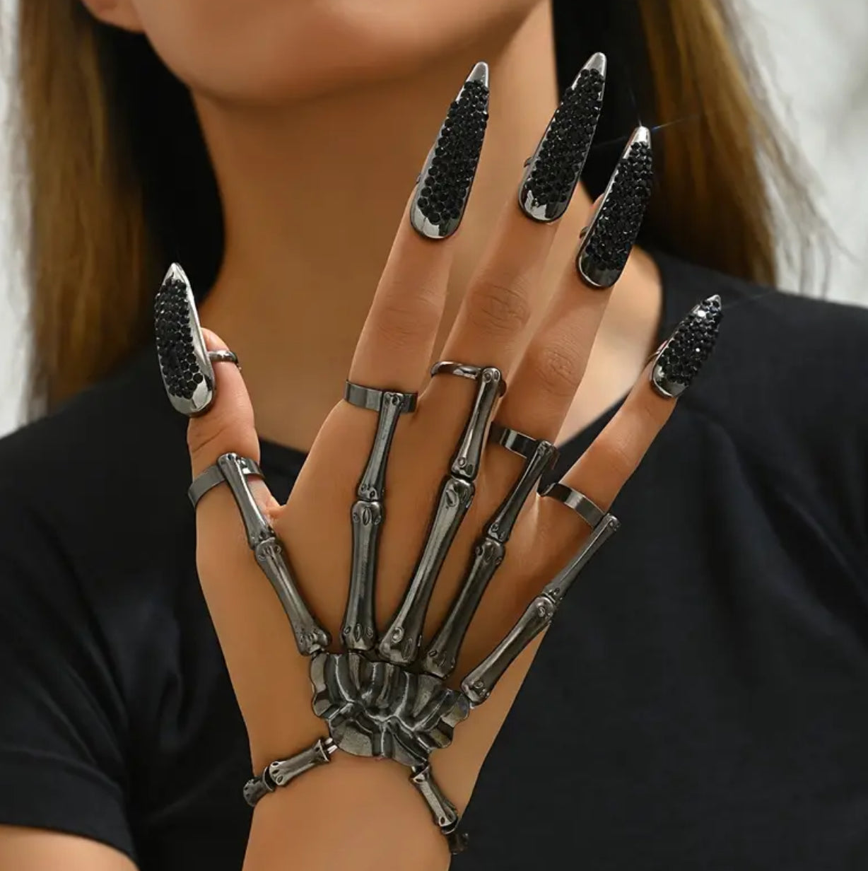 “Jack 💀” Vintage Punk Skeleton Hand Ring Set, Rhinestone Studded Talon Nail Covers, Zinc Alloy Plated, Adjustable Jewelry