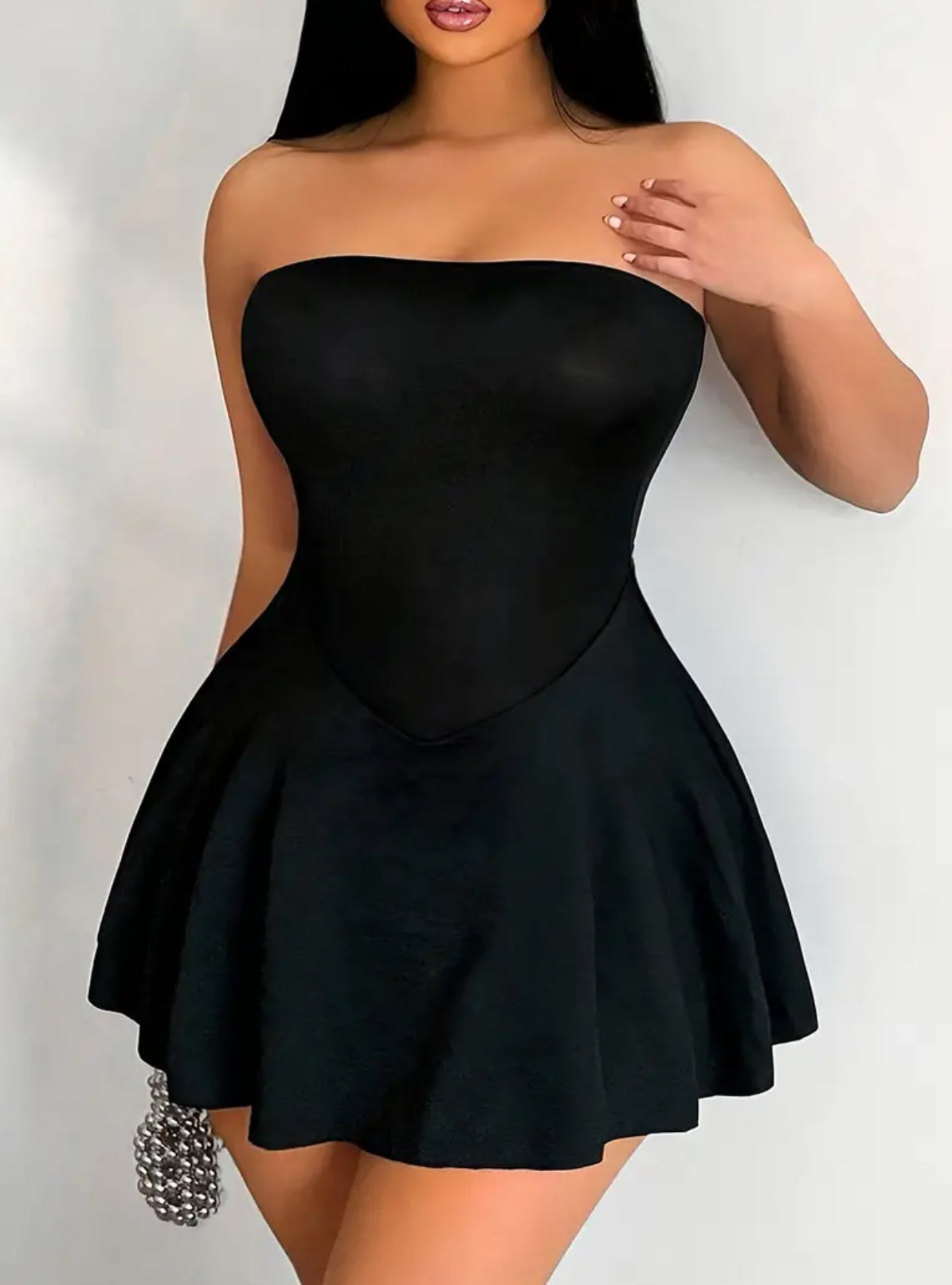 “Flirty” Backless Bandeau Mini Dress - High Elasticity, Sleeveless, Flared Hem, Fit and Flare Silhouette