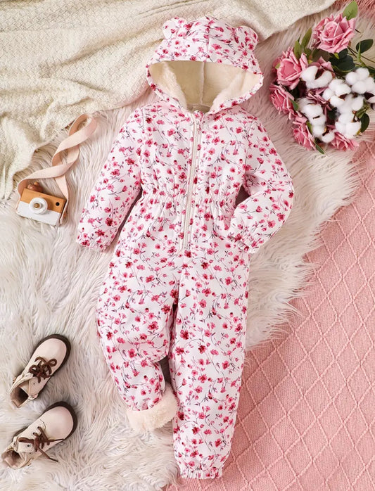 “Sweet Floral” Hooded Zip-up, Long Sleeve, Thick Plush Lined Winter Snowsuit 🎀