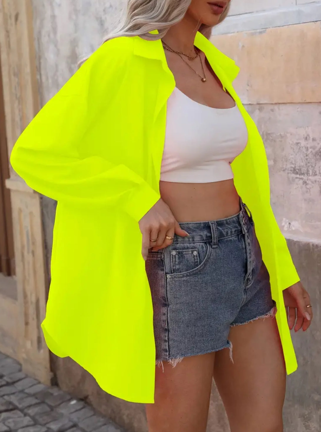 “Neon U” Casual Long Sleeve Solid Color Button-Down Lapel Shirt Blouse