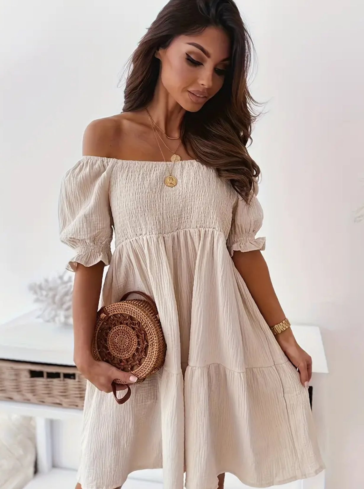 “Juliet” Off Shoulder Smocked, Loose Casual Dress