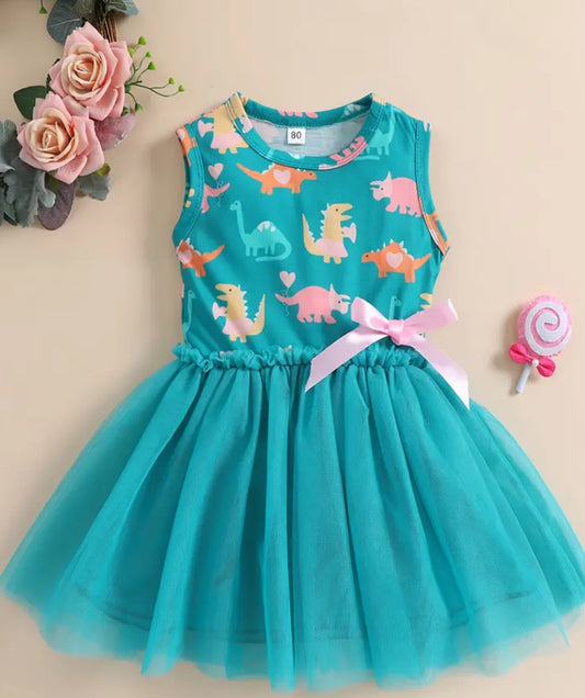 Vestido de malla sin mangas con estampado de dinosaurios para niña 🦕