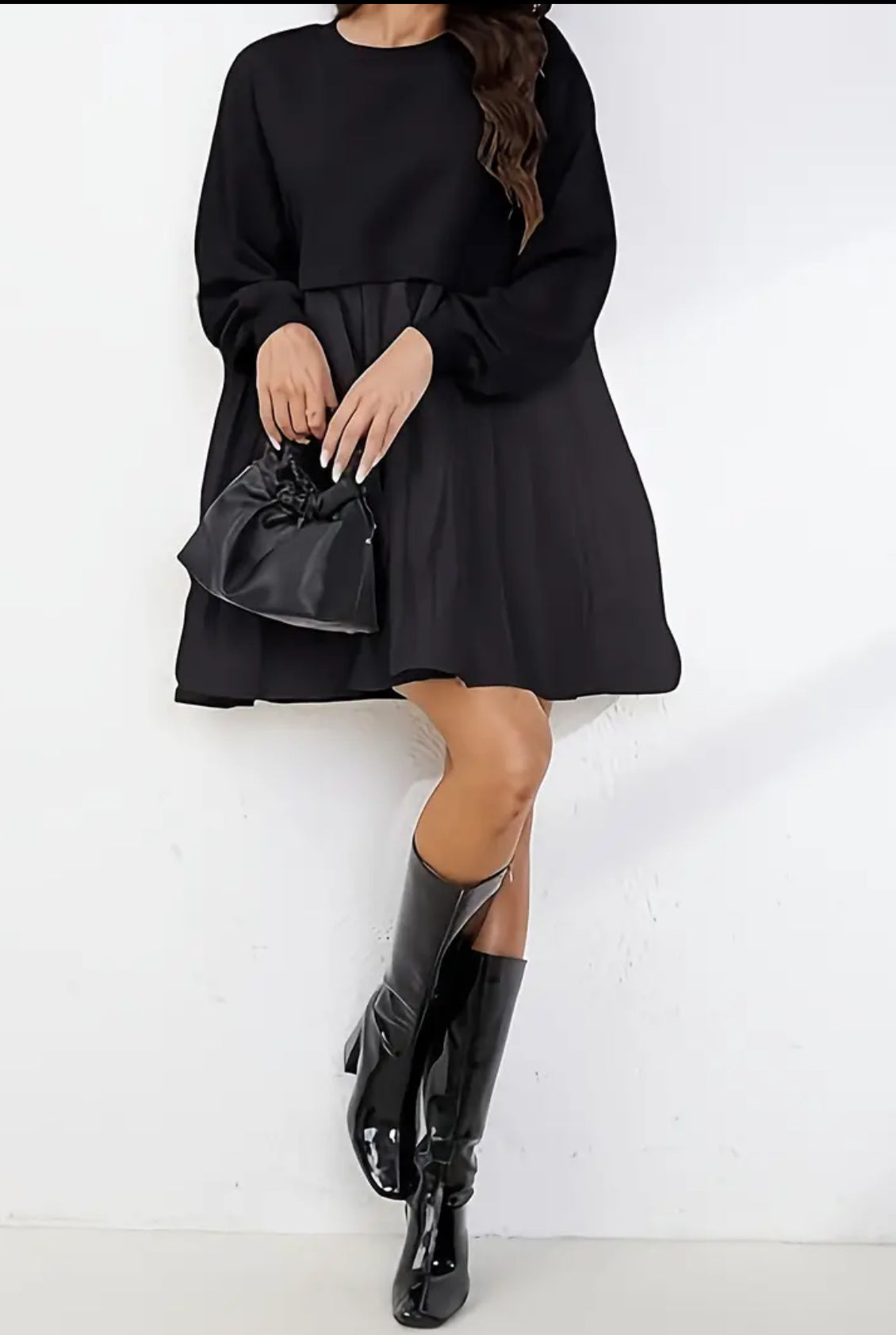 Timeless, Drop Shoulder Solid Loose, Pleated Long Sleeve Dress