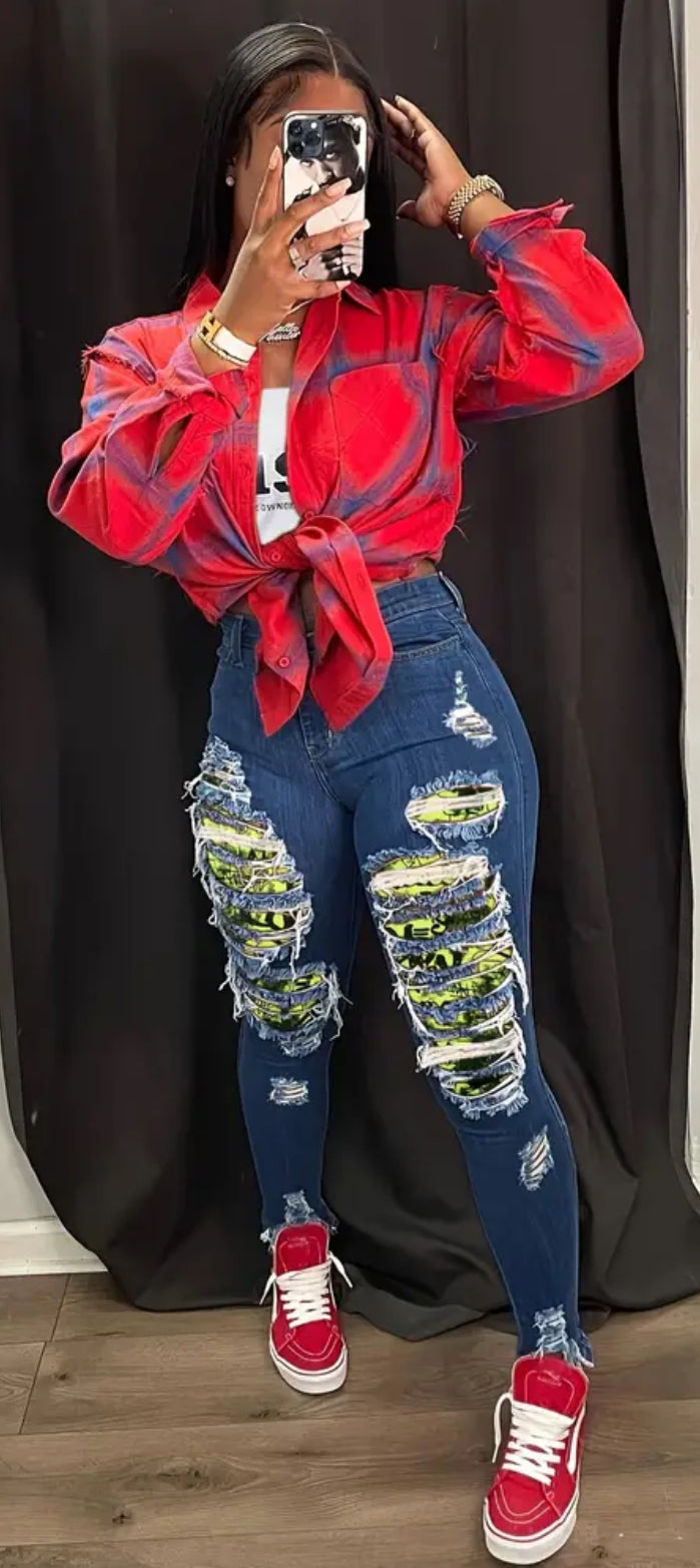 Ripped Patchwork Distressed, Streetwear, Stretchy Denim, Women's