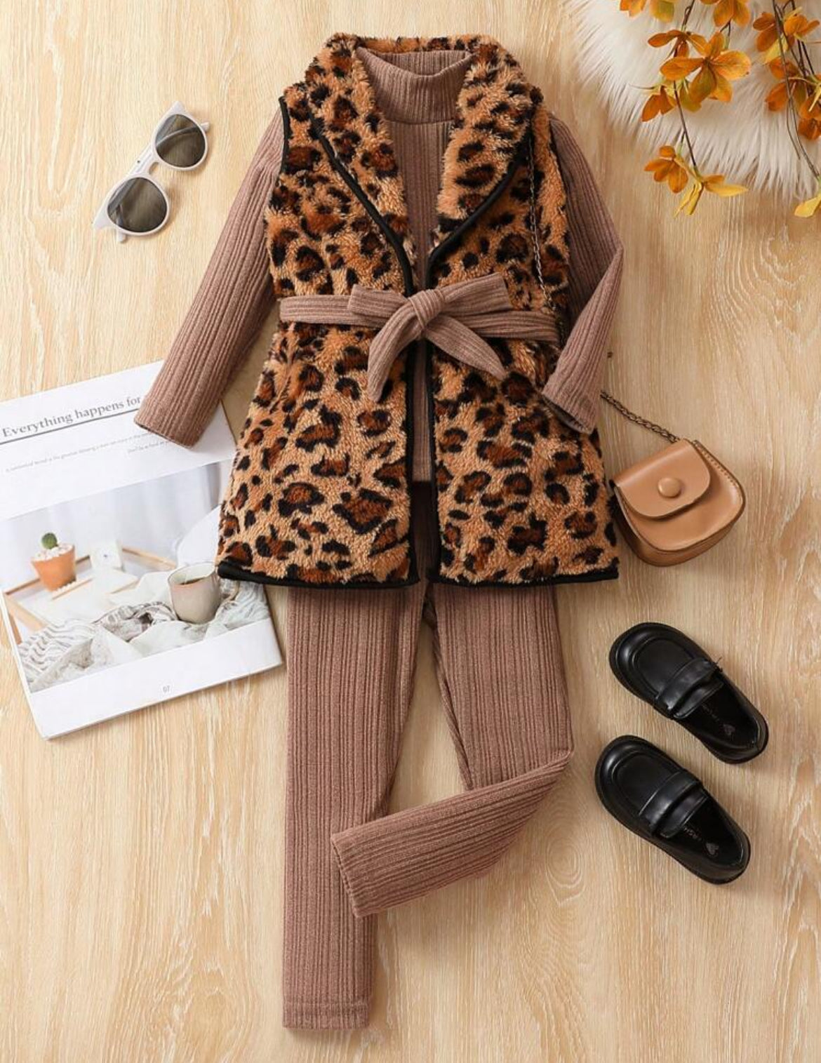 “Girls Leopard Belted Vest Coat, Leggings & Long Sleeve Blouse