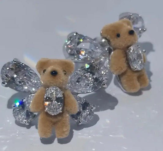 1 Pair Vintage Boho Teddy Bear Gemstone Bow Earrings, UV Plated Alloy Sterling Silver