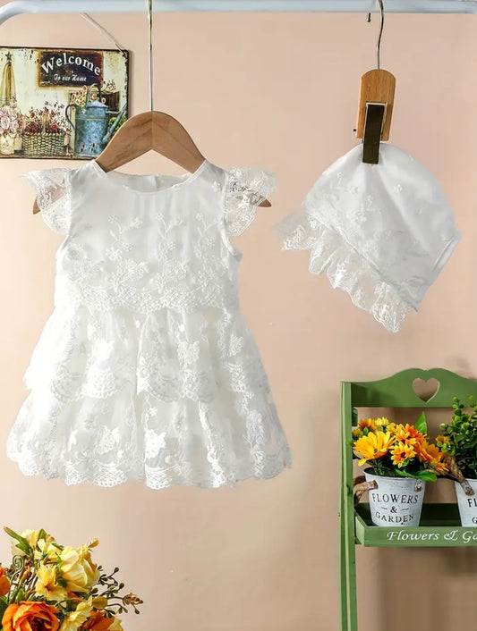 Newborn Baby's Elegant Lace Embroidery Cap Sleeve Dress & Hat