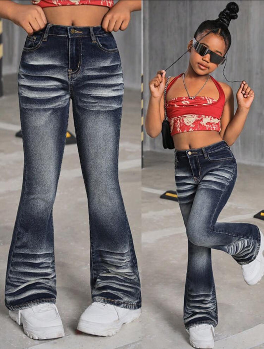 Flare Leg Jeans With Slanted Pocket, Retro Washed, Tweens Y2K Trend