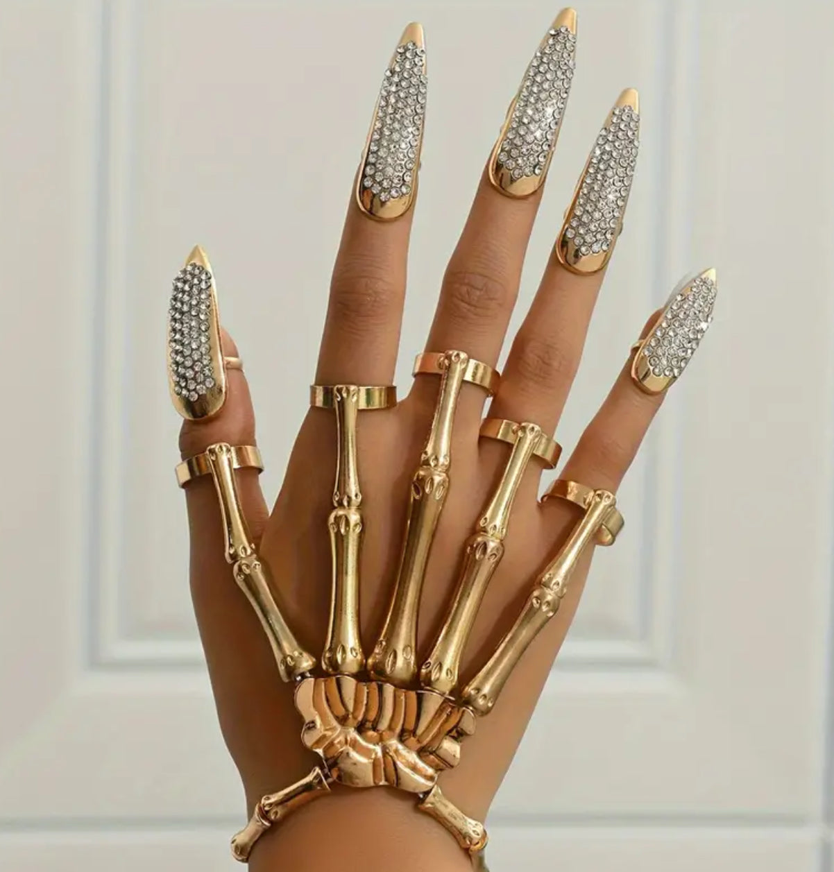 “Jack 💀” Vintage Punk Skeleton Hand Ring Set, Rhinestone Studded Talon Nail Covers, Zinc Alloy Plated, Adjustable Jewelry