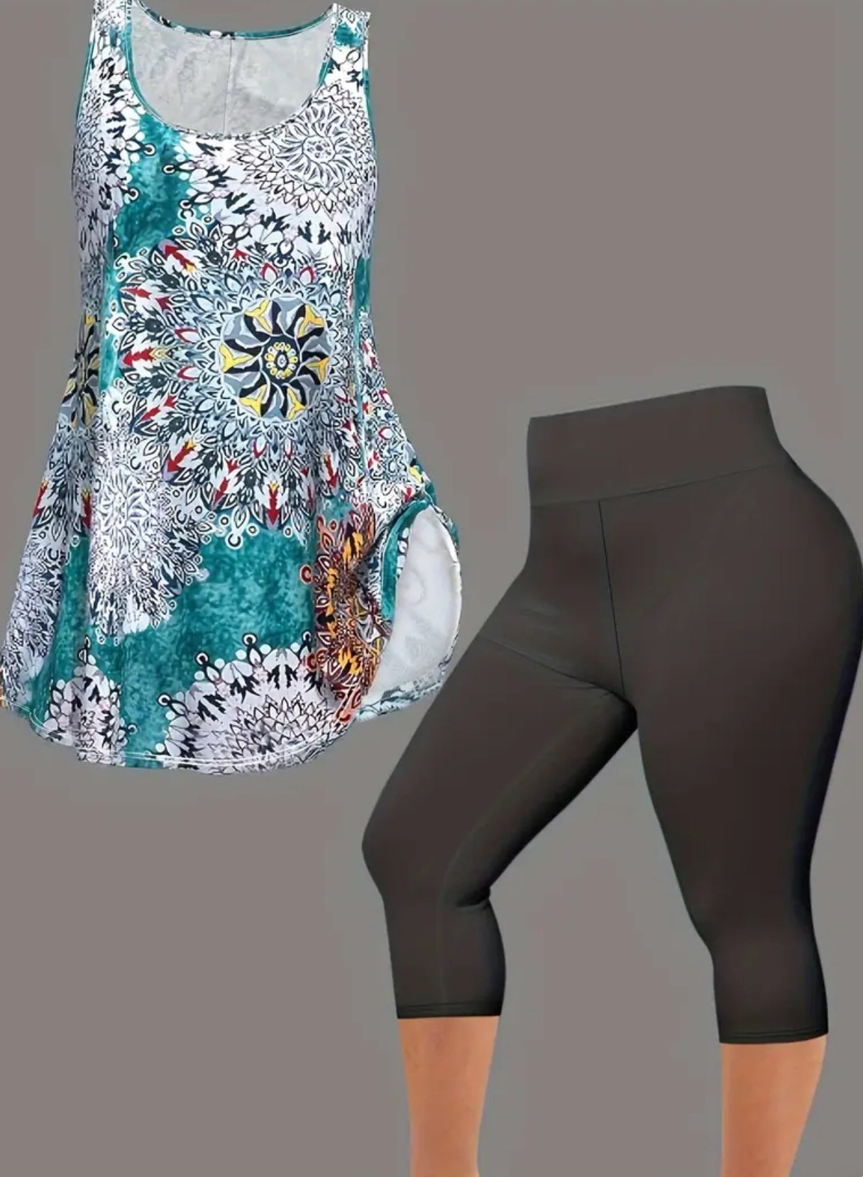 Camiseta sin mangas con cuello redondo y leggings capri con estampado de mandala bohemio, tallas hasta 4XL