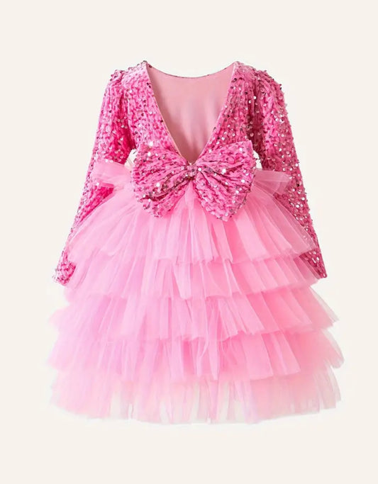 “Pink Blue Bibbidi-Bobbidi-Boo” Elegant Princess Dress with Sequin Detail - V-Back, Long Sleeve, Layered Tutu