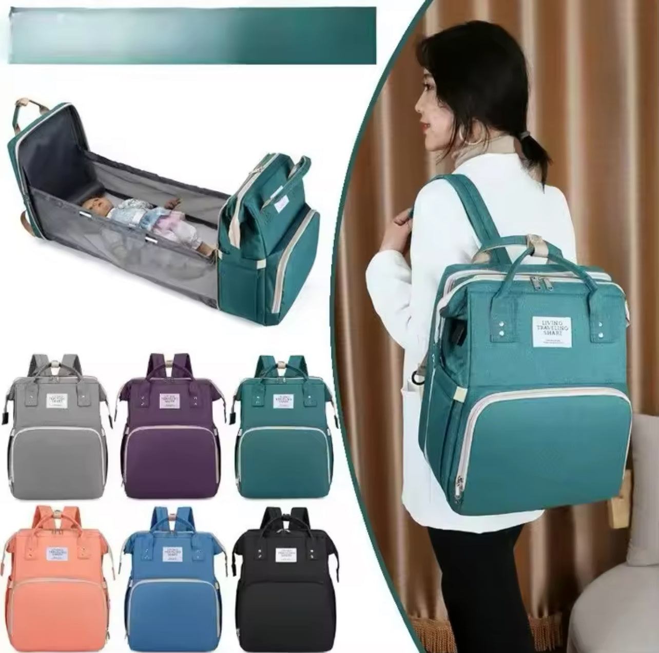 60%OFF, Fashion Mommy Backpack + Foldable Crib + USB Charger, Large Capacity