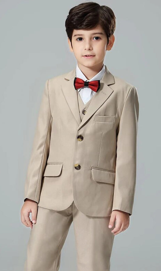 Traje formal para niños, color caqui, 3 piezas, abrigo, chaleco y pantalón