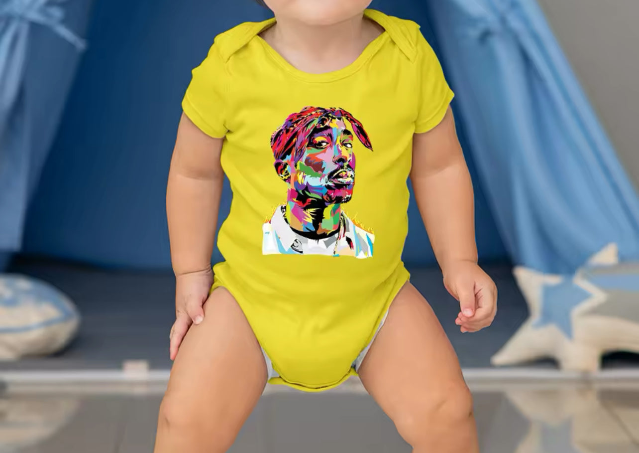 “Tupac” Rapper Dark Colors Pop Art, Hipster Infant Onesie, Boy+ Girl