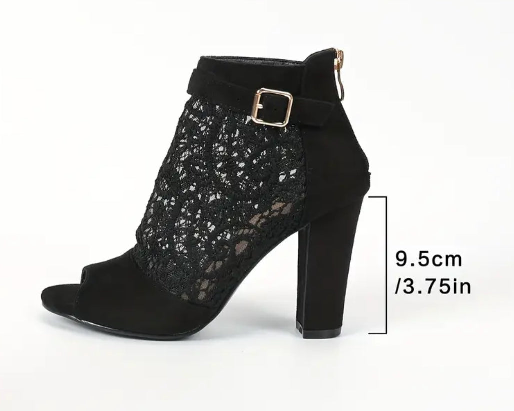 Black Floral Mesh Peep-Toe Shoes with Chunky Heel and Back Zipper Ankle Booties