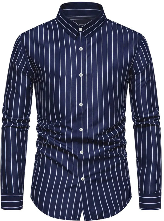 Classic Long Sleeve, Lapel Collar, Button-Up, Striped Cotton Men’s