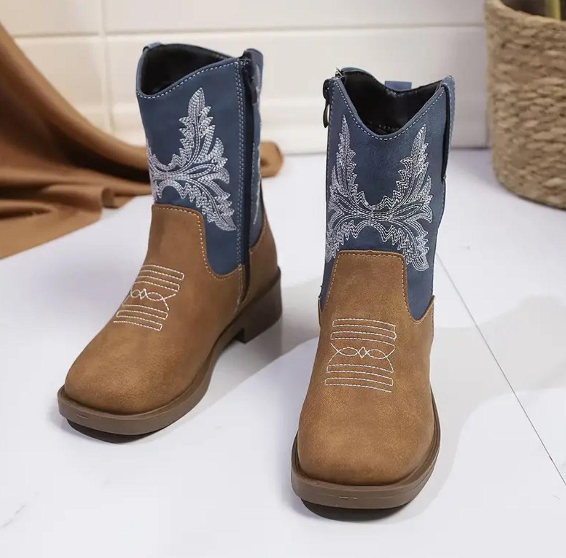 Mid Top, Zip-Up Cowboy Boots with Geometric Embroidery Stain & Water-Resistant with Insulated Microfiber Leather Upper