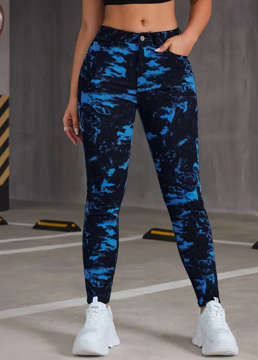 “Tie Dye Neon” High Waist Elastic Hip Lifting Versatile Denim Pants