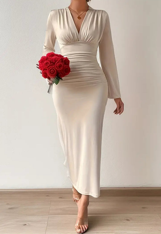 Ruched Bodycon V Neck Dress, Elegant Long Sleeve