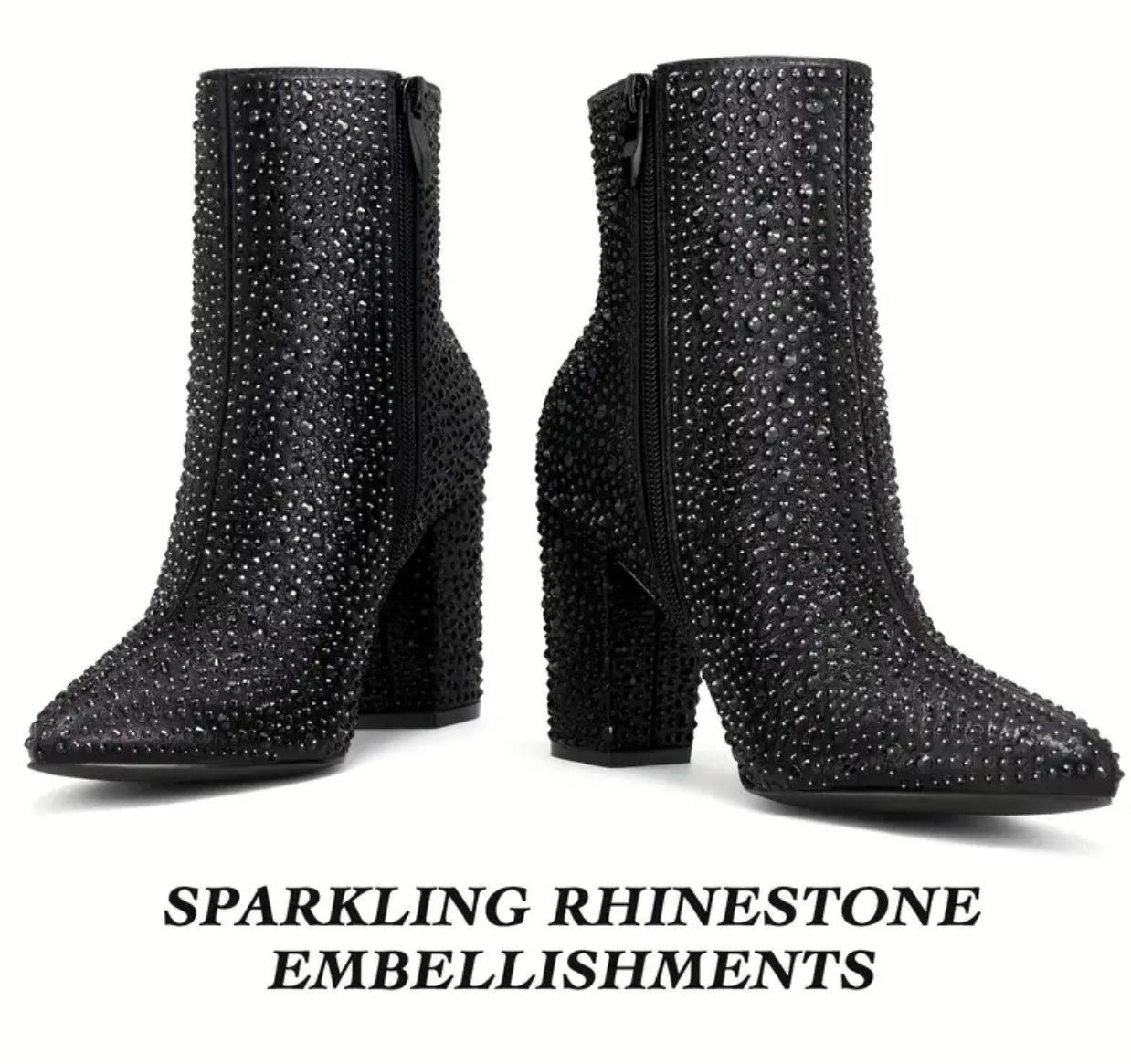 Rhinestone Ankle, Pointed Toe Chunky Heel Boots, Women/Teen