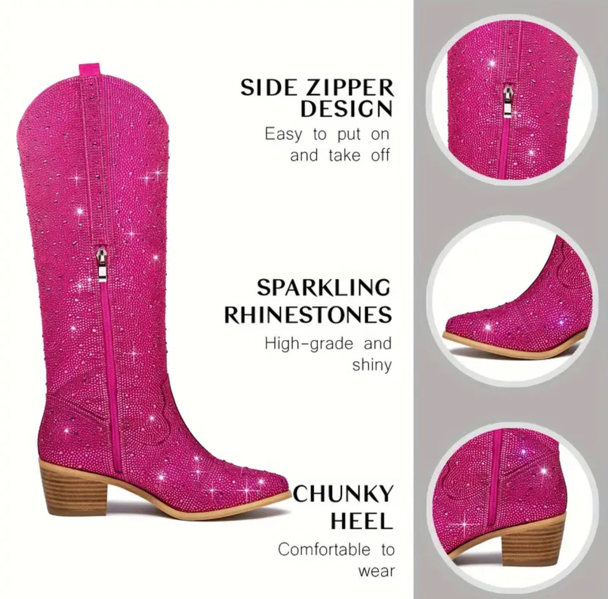 Fuchsia Rhinestone, Side Zipper Platform Soft Sole Western Cowboy Boots