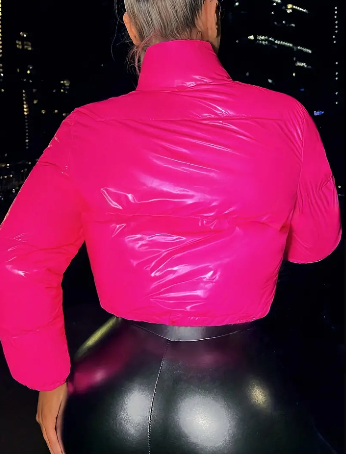 “Pink Vibes” Stand Neck Long Sleeve Crop Cotton-padded Jacket Coat, Zipper Front