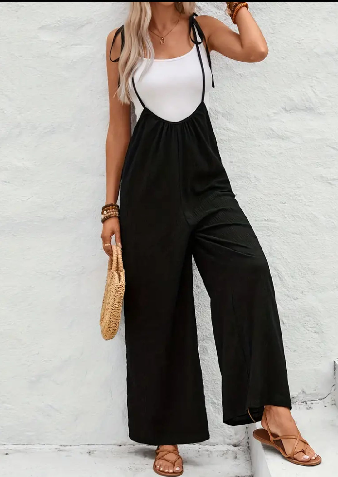 “Black Onyx” Elegant Spaghetti Strap, Knotted Wide Leg Jumpsuit