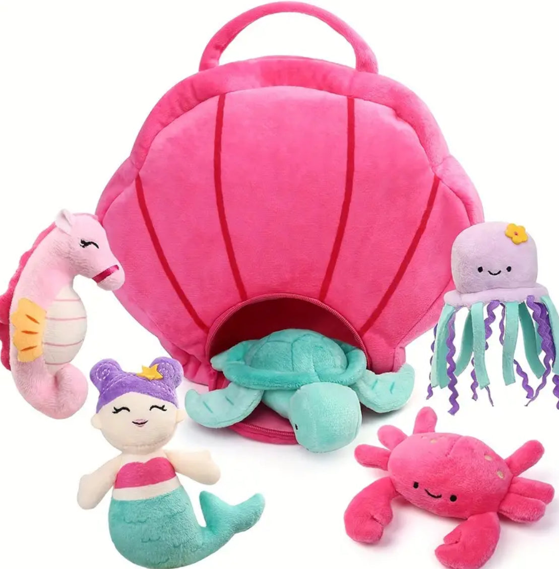 5 Pack Small Sea Creature Plush Toys and Shell Carrying Bag Set, Cute Plushies 0-10 Years