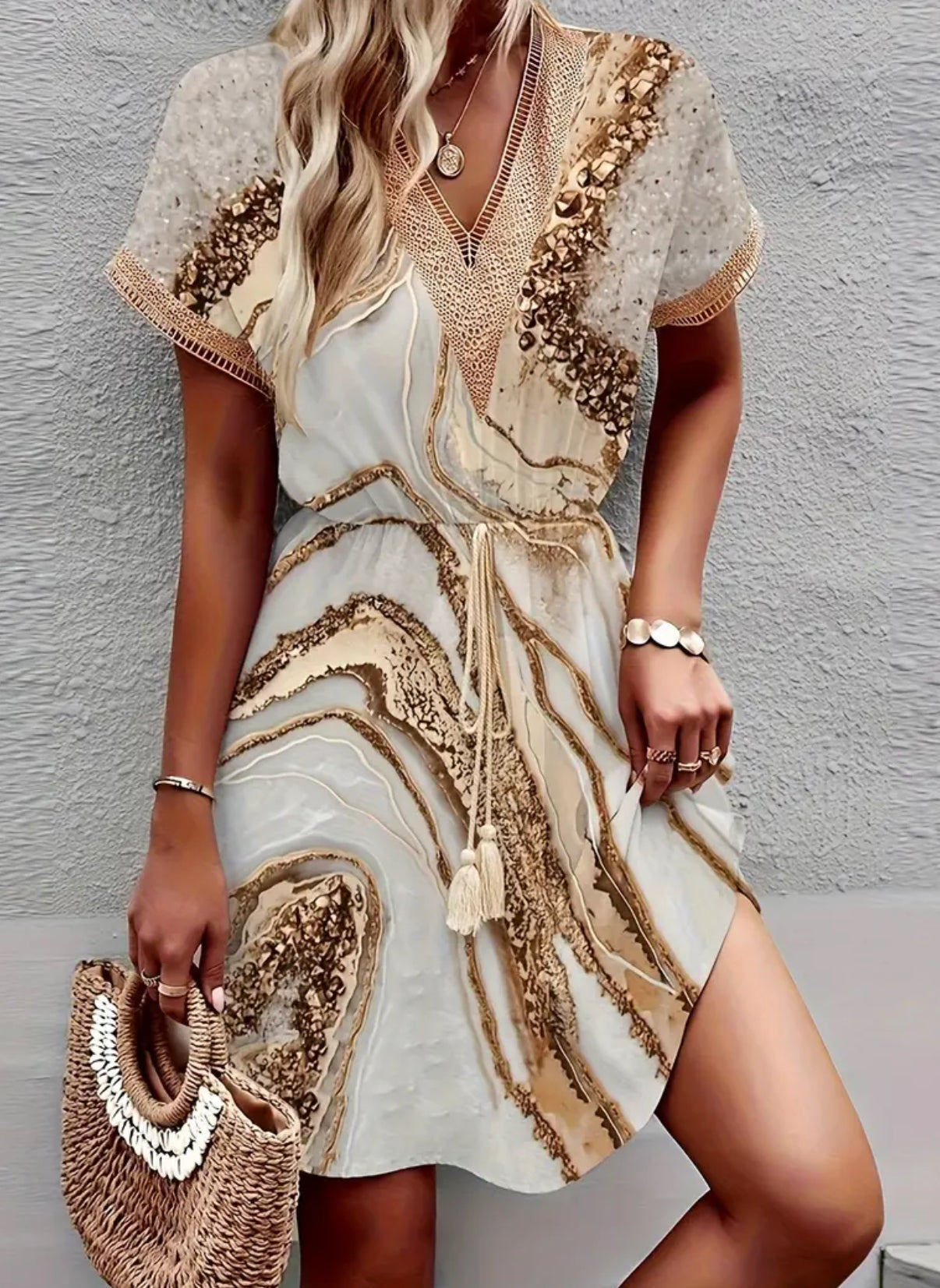 Gold Marble, Elegant Short Sleeve Dress