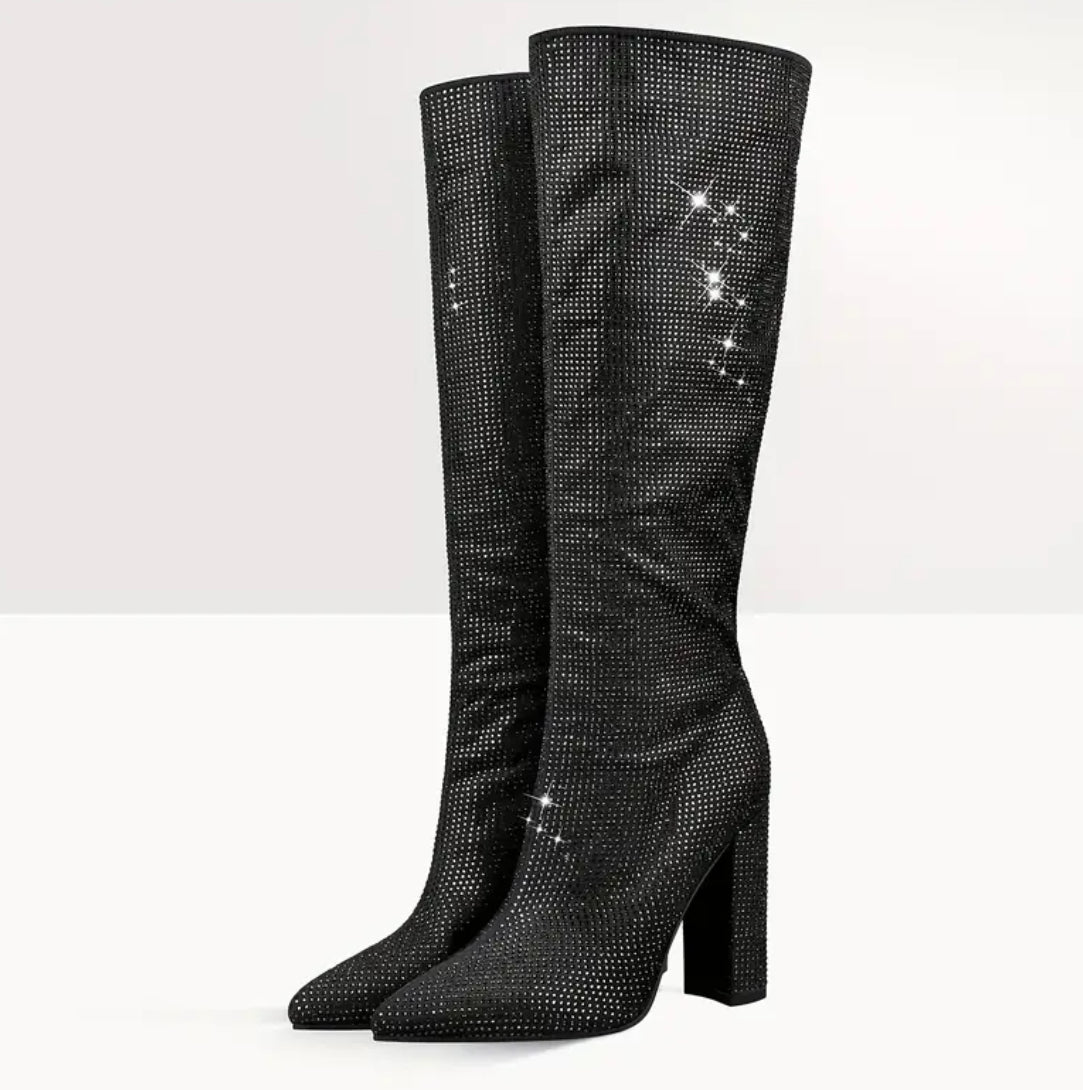 Sparkling Rhinestone Knee-High Boots - Black Pointed-Toe Block Heel