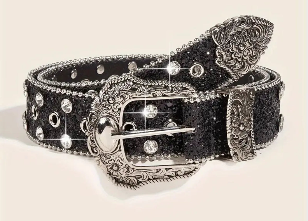 Vintage Western, Rhinestones & Glitter Buckle PU Leather Belt