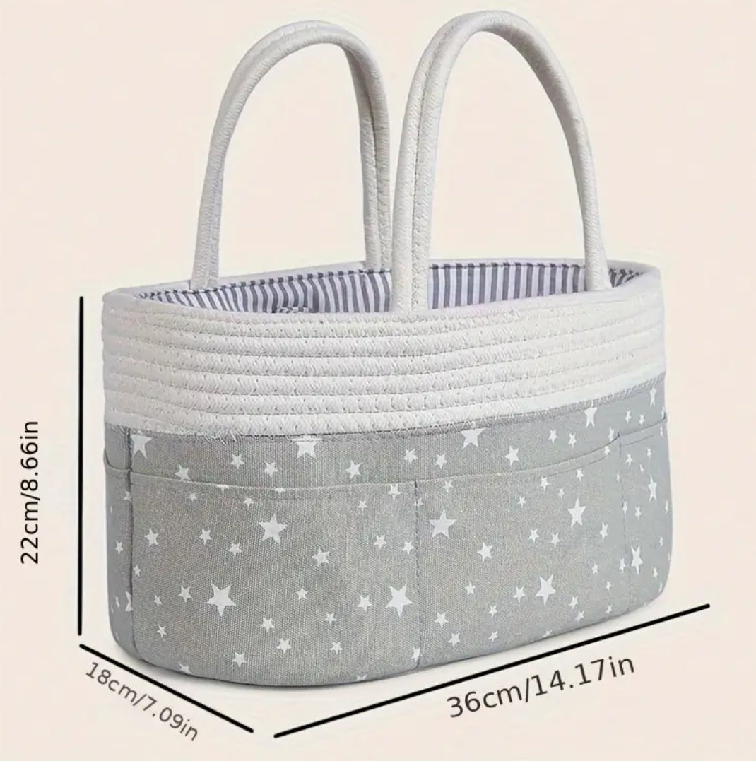 “Gray Skies & Bright Stars” Woven Storage Basket, Diaper Caddy Organizer