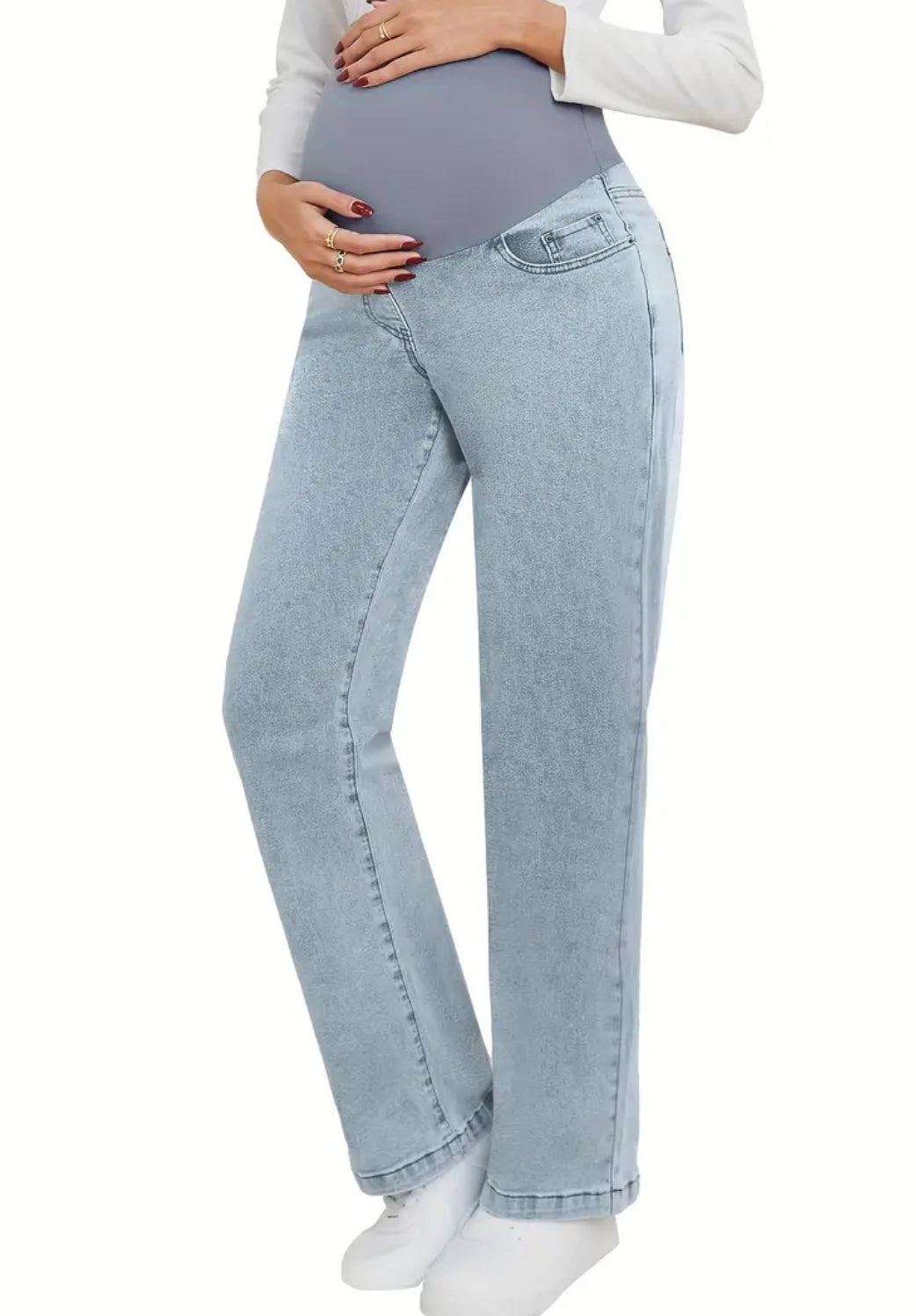 Relaxed Fit Maternity Jeans - Straight Leg Over Belly with Pockets