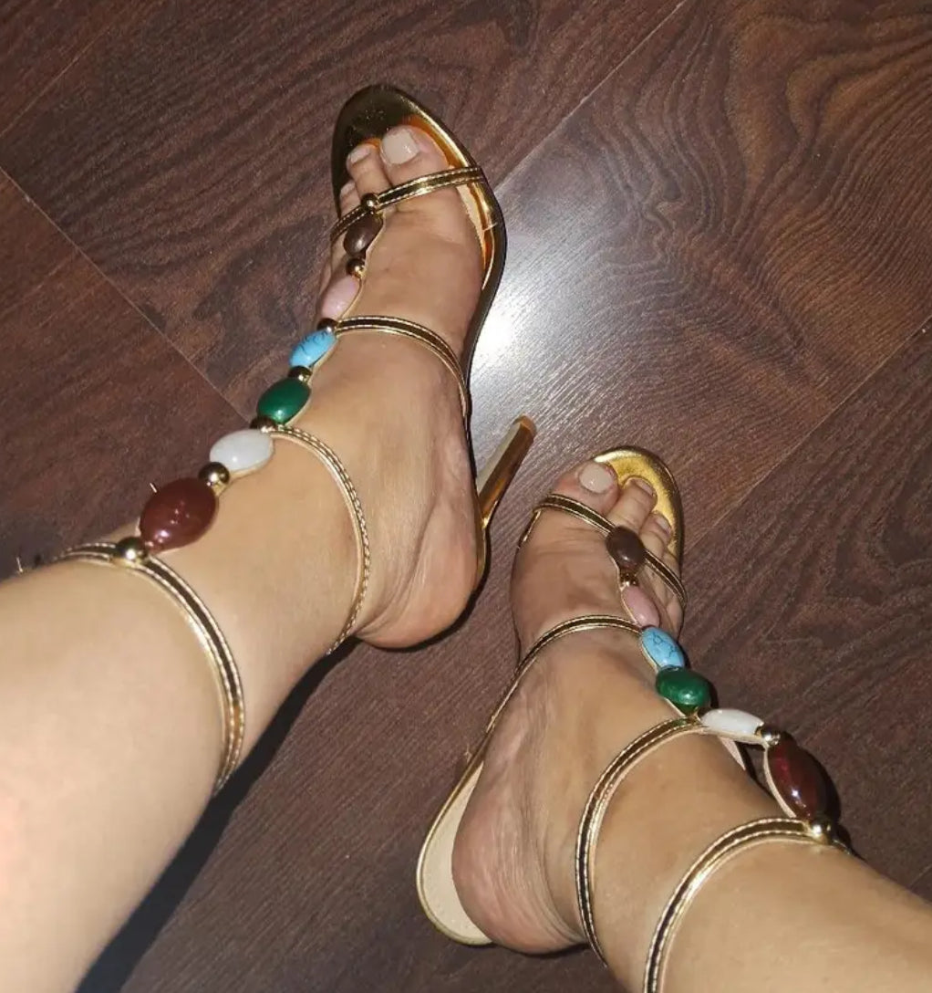 ‘Mayan Gold’ Colorful Gemstone Accents | Open Toe Ankle Strap High Heel