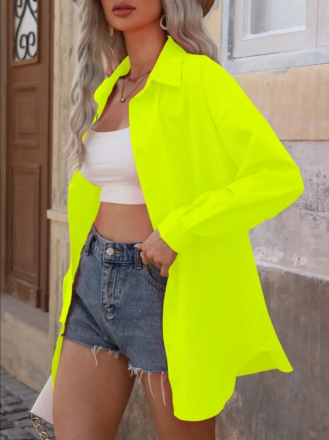 “Neon U” Casual Long Sleeve Solid Color Button-Down Lapel Shirt Blouse