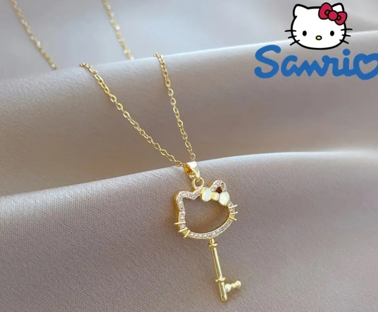 ♥️ Hello Kitty, Bowknot Key Shape , Full Rhinestone Decor Pendant & Necklace ✨