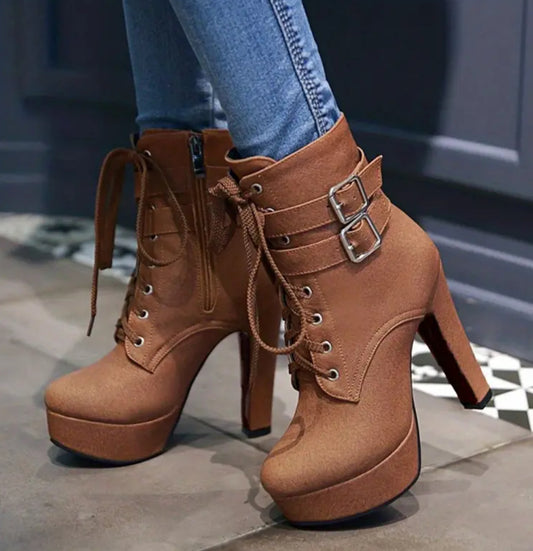 Stiletto Heel Boots with Stable Block Base - Secure Buckle Ankle Strap - Lace Up