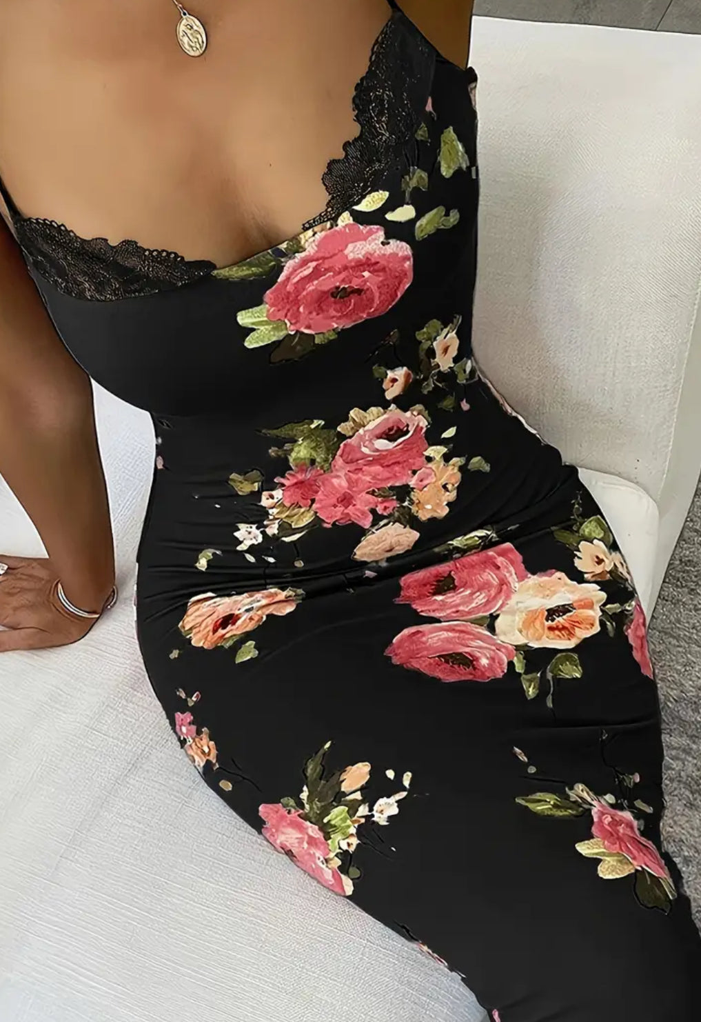 Floral Spaghetti Strap, Elegant Split Back, Bodycon Cami Dress