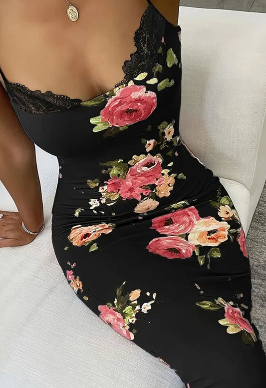 Rrip spageti me lule, mbrapa elegante e ndarë, fustan Cami bodycon