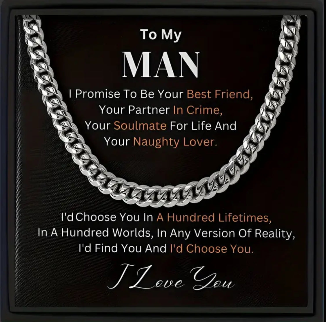 Collar de cadena de eslabones de acero inoxidable "To My Man" + tarjeta y caja