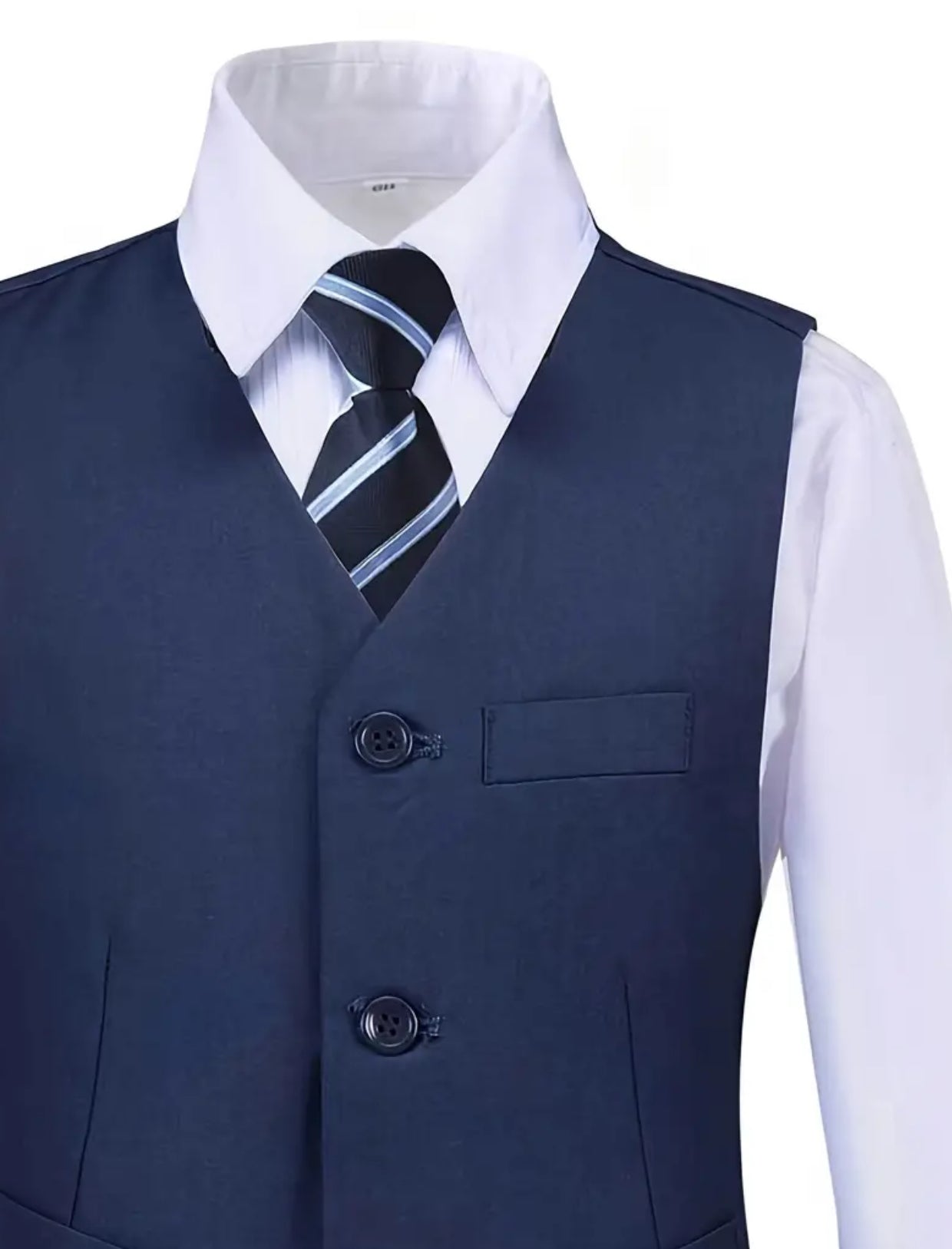 Boy's Navy Blue, 4 piece set, Vest, Shirt, Pants & and Navy Blue Striped Tie