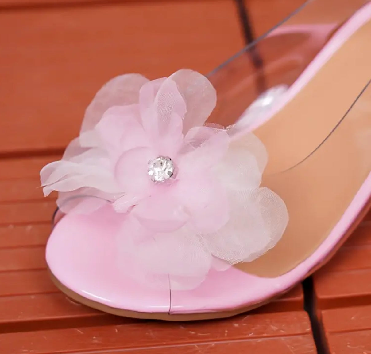 Zapatos de tacón alto transparentes con flores de diamantes de imitación para niñas