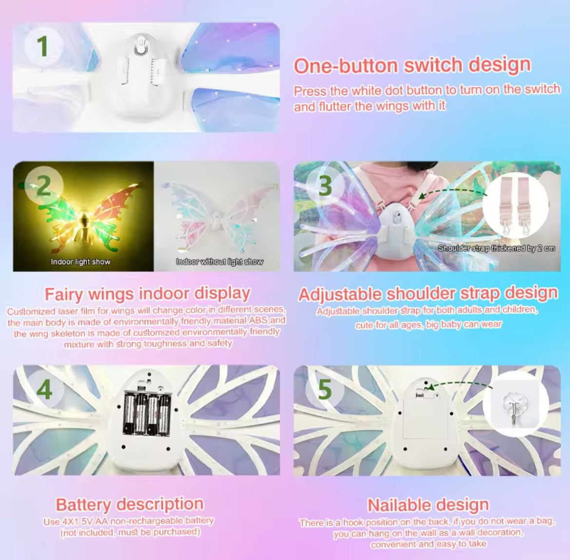 Luminous LED Fairy Wings, Color Changing LED Lights & Music