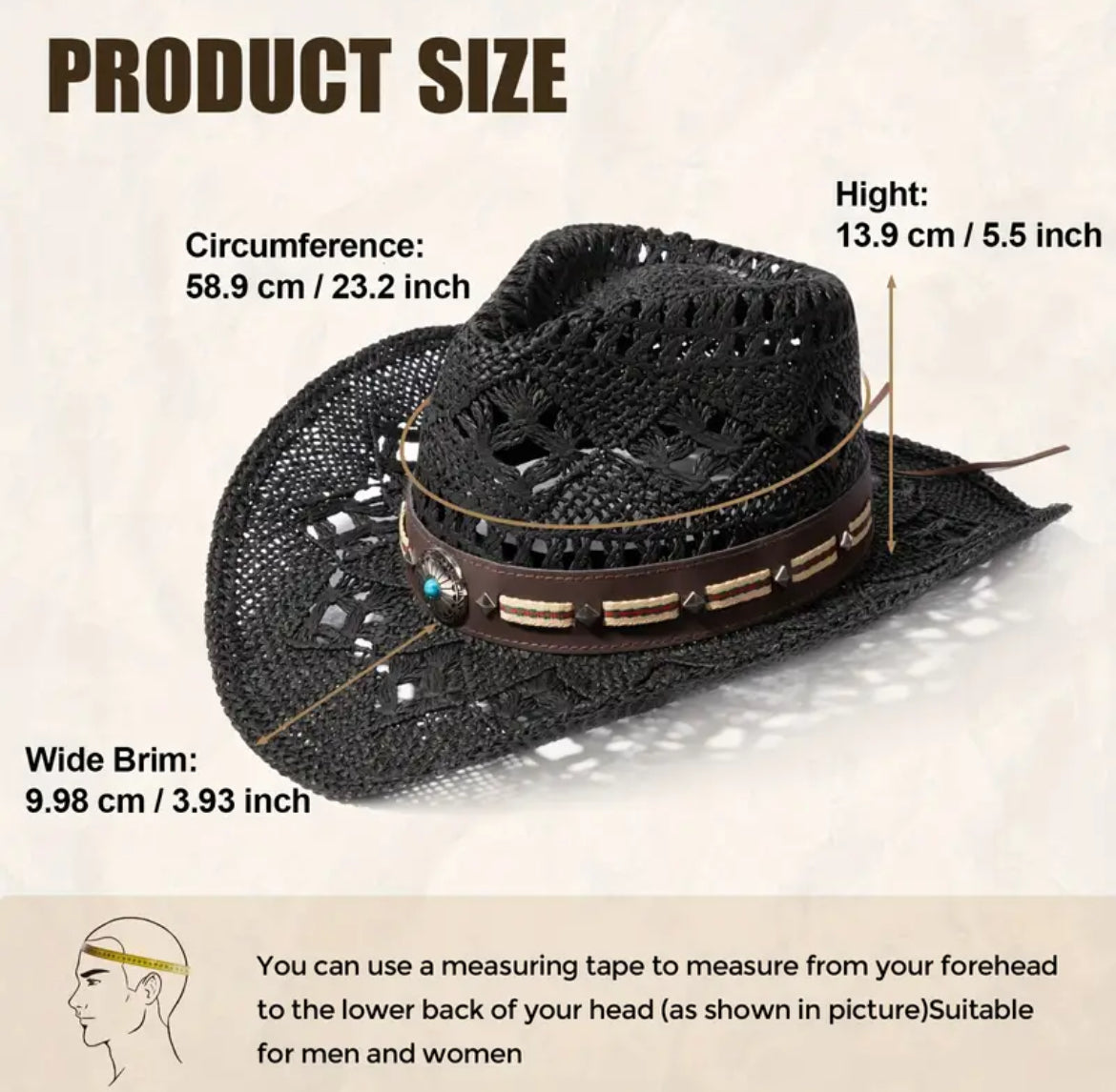 Sombrero de vaquero de paja trenzada de ala ancha, sombrero de vaquera occidental para hombres y mujeres