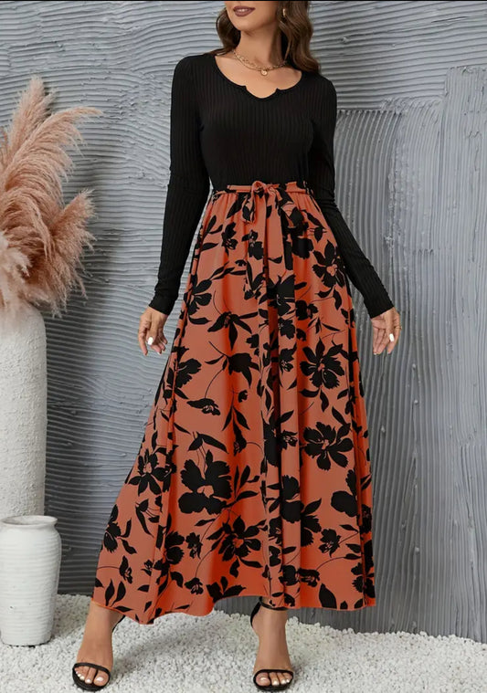 “Tall Elegance” Floral Print Splicing Dress, Casual Long Sleeve Maxi Dress