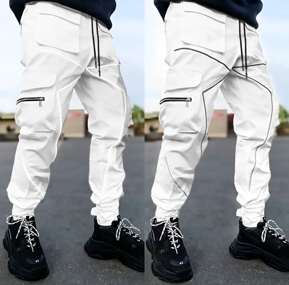 Men's Cargo Pants - Loose Straight Sports Joggers with Multi Pockets & Reflective Details