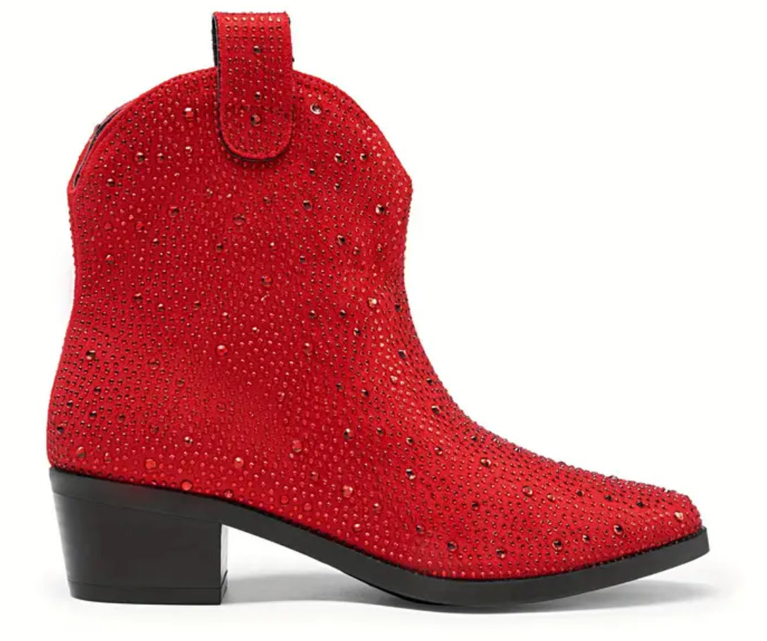 “Sparkling Cowgirl” Cowboy Rhinestone Ankle High Boots, Low Heel, Youth