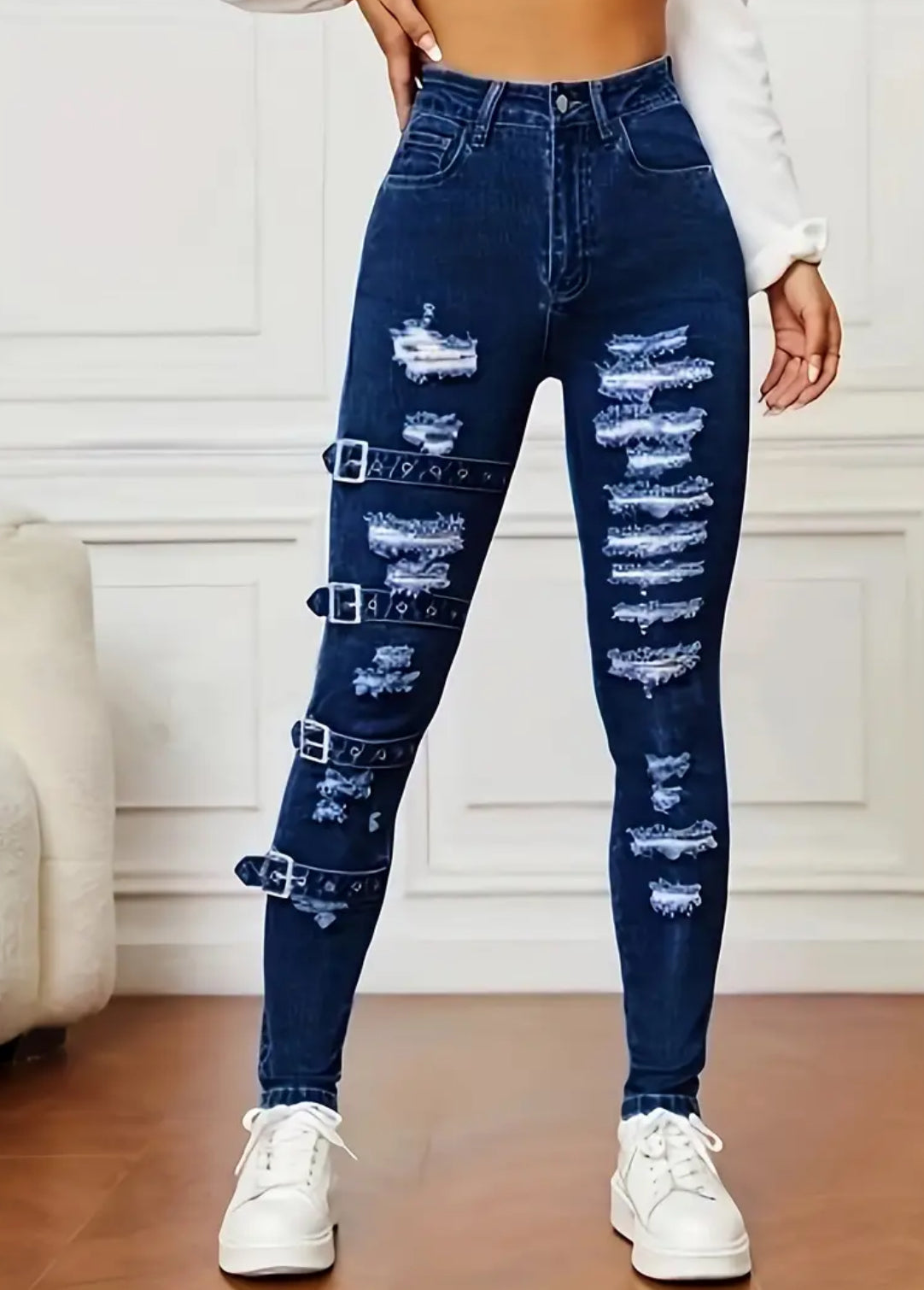 Distressed Ripped, Buckled Decor, Skinny Fait, Dark Washed Blue Jeans, Women's