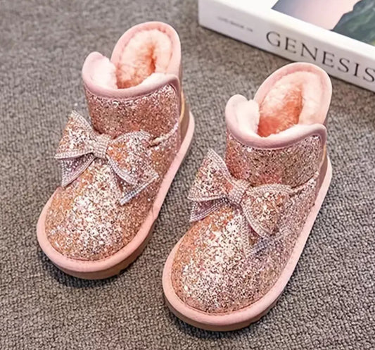 Girls 🌷 Boots with Sparkling Rhinestones - Warm Fleece Lining, Non-Slip Rubber Sole, Easy Slip-On Design